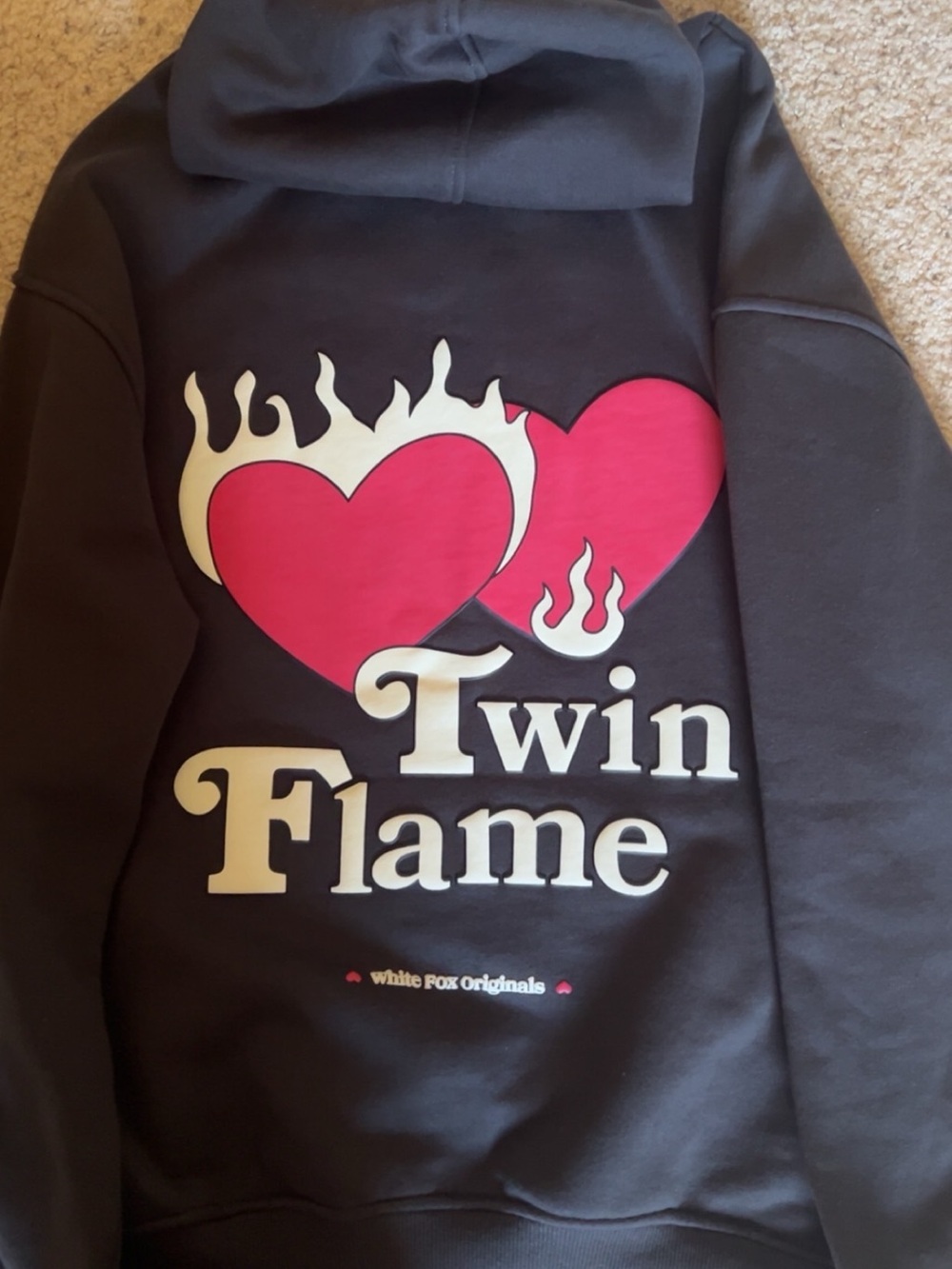 White Fox Boutique Black Hoodie with Pink & White Twin Flame Graphic